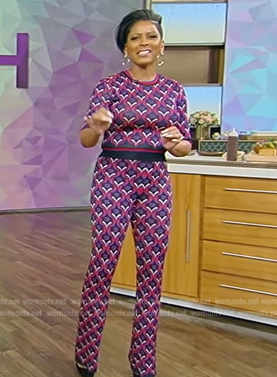 Tamron's purple printed knit top and pants on Tamron Hall Show