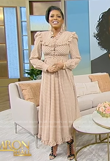 Tamron's beige polka dot print ruffle dress on Tamron Hall Show