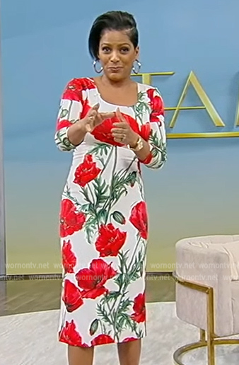 Tamron's white floral print sheath dress on Tamron Hall Show