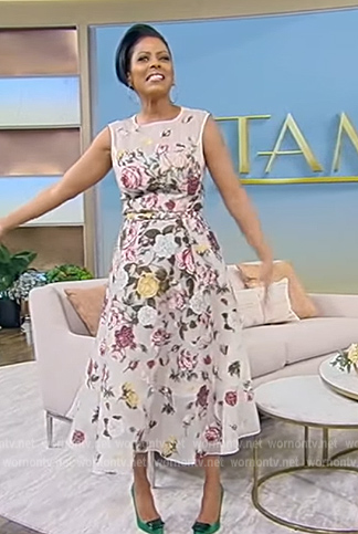 Tamron's white floral sleeveless dress on Tamron Hall Show