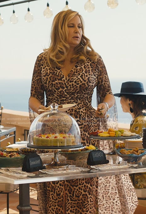Tanya's leopard print twist front dress on The White Lotus