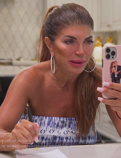 Teresa's blue printed off shoulder top on The Real Housewives of New Jersey