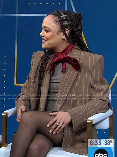 Tessa Thompson's brown pinstripe blazer on Good Morning America