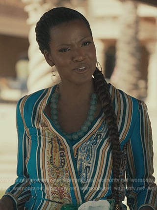Viv's blue paisley print tie waist blouse on Bel-Air