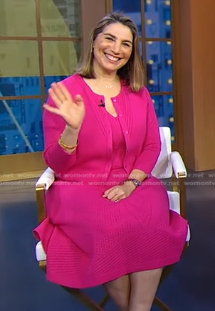 Zibby Owens's pink knit dress and pointelle cardigan on Good Morning America