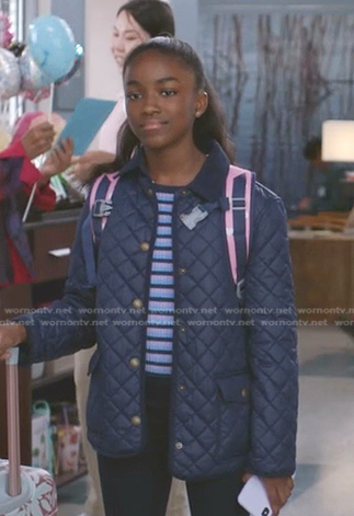 Zola's striped top and navy quilted jacket on Greys Anatomy