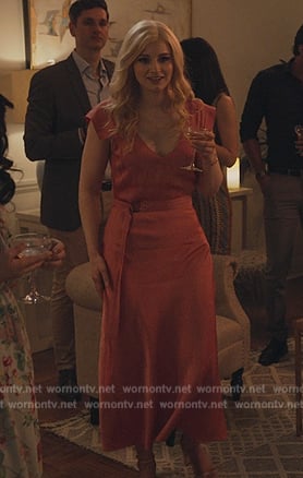 Emily's pink satin v-neck dress on Sex/Life