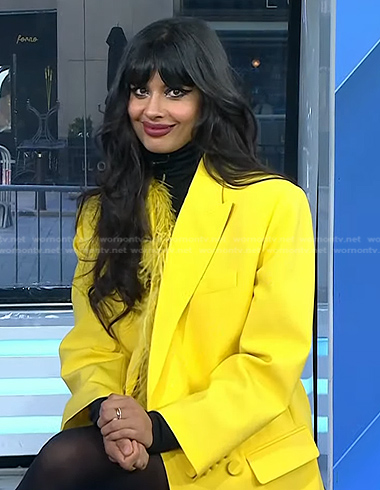 Jameela Jamil's yellow feather trim blazer coat on Today