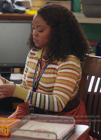 Janine's stripe ribbed polo sweater on Abbott Elementary