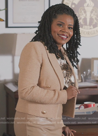 Amara's beige cropped tweed jacket on All American Homecoming