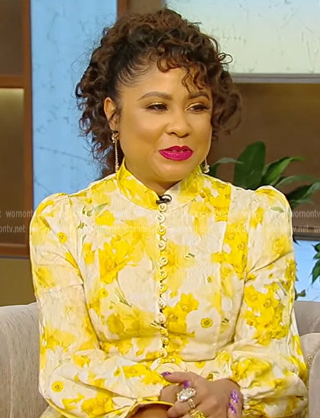 Angela Yee's yellow floral print mini dress on Tamron Hall Show