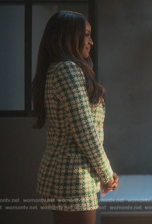 Anika's green textured blazer and skirt on Grown-ish