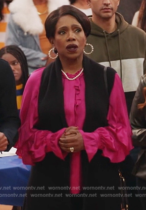 Barbara's pink ruffle blouse on Abbott Elementary