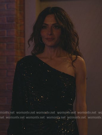Billie's black embellished one sleeve dress on Sex/Life