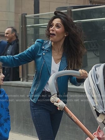 Billie's blue leather moto jacket on Sex/Life