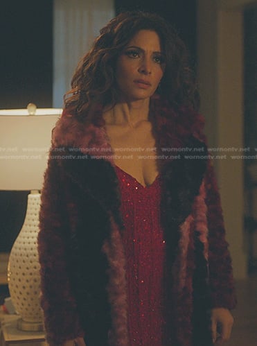Billie's red sequin fringed dress and coat on Sex/Life