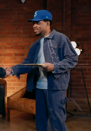 Chance the Rapper’s blue swinging child print denim jacket on The Voice