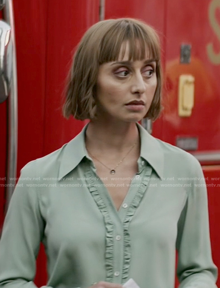 Chrissy's green ruffled button down blouse on Superman and Lois