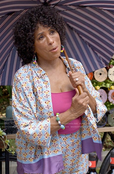 Cricket's blue printed satin shirt and pants set on Not Dead Yet