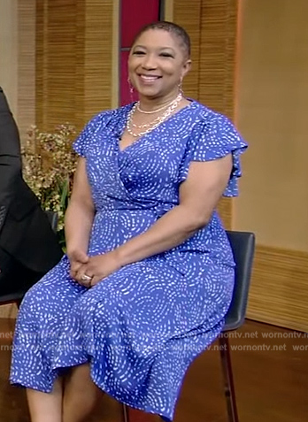 Deja Vu's blue printed wrap dress on Live with Kelly and Ryan