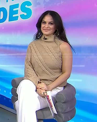 Donna's beige cable knit one-shoulder sweater on Today