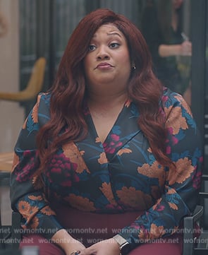 Dori's black floral print top on American Auto