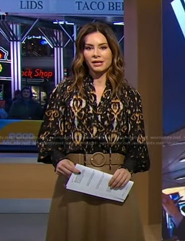 Rebecca's black ikat tie neck blouse and skirt on Good Morning America