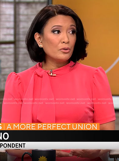 Elaine Quijano's pink tie neck dress on CBS Mornings