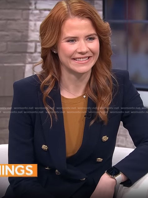 Elizabeth Smart's navy blazer with gold buttons on CBS Mornings