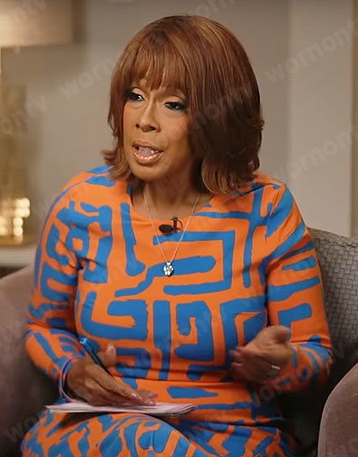 Gayle King's orange and blue printed dress on CBS Mornings