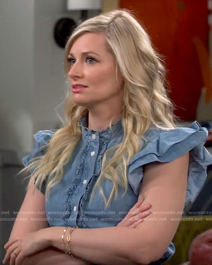 Gemma's denim ruffled shirt on The Neighborhood