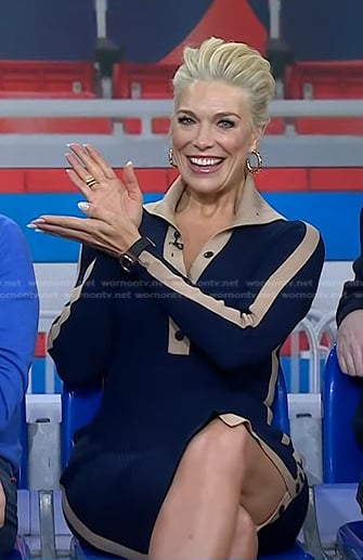 Hannah Waddingham's navy ribbed contrast trim dress on Today