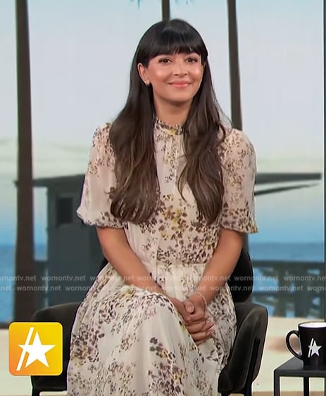 Hannah Simone's beige floral dress on Access Hollywood
