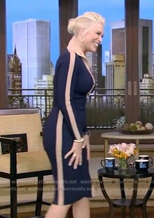 Hannah Waddingham's navy contrast ribbed dress on Live with Kelly and Ryan