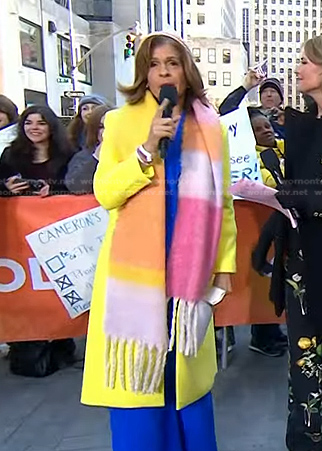 Hoda's colorblock long scarf and yellow coat on Today
