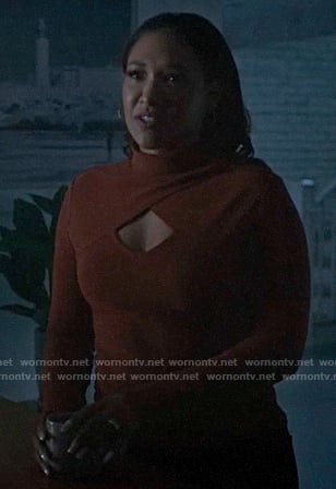 Iris's red long sleeved top with cutout on The Flash