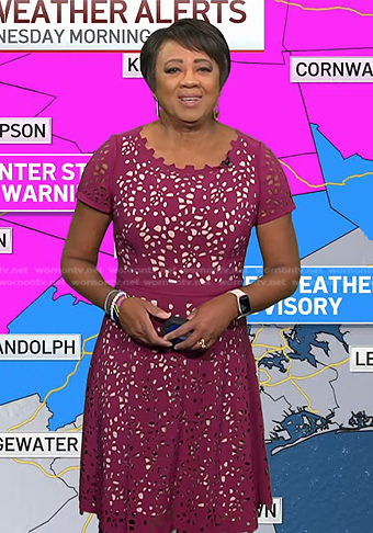 Janice Huff's burgundy eyelet dress on Access Hollywood
