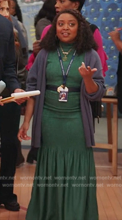 Janine's green smocked midi dress on Abbott Elementary