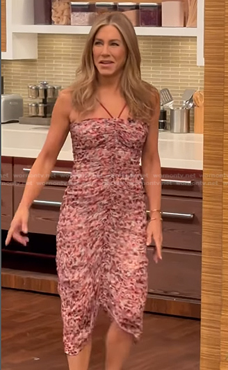 Jennifer Aniston's pink floral ruched dress on Live with Kelly and Ryan