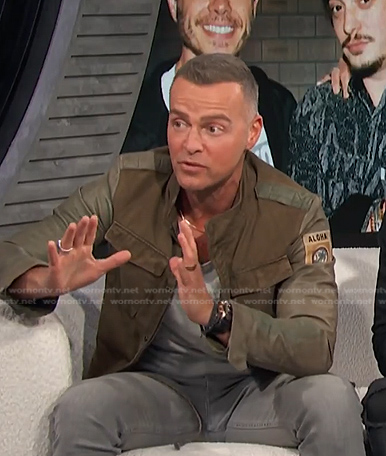 Joey Lawrence's khaki leather sleeve military jacket on E! News