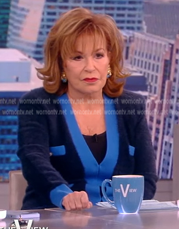 Joy's blue contrast trim cardigan on The View
