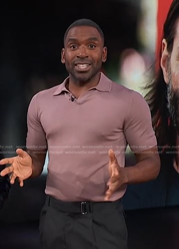 Justin's pink brown polo shirt on E! News