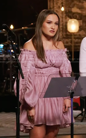 Kala Banham's pink ruffled off-shoulder dress on The Voice