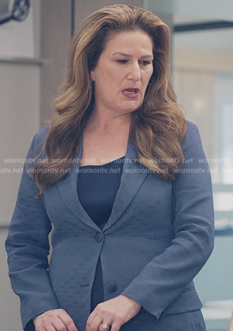Katherine's navy jacquard blazer on American Auto