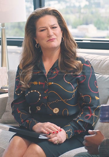 Katherine's black belt print blouse on American Auto