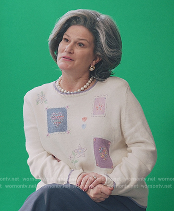 Katherine's white patchwork sweater on American Auto