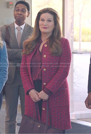 Katherine's red satin blouse and tweed coat on American Auto