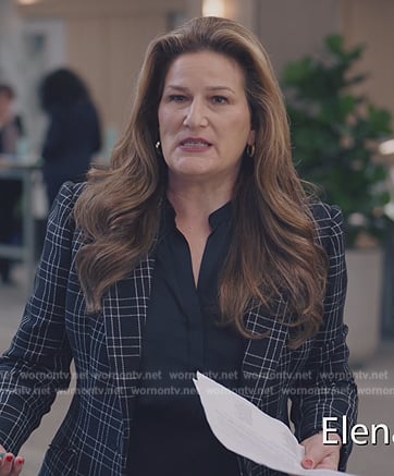 Katherine's black satin blouse and checked blazer on American Auto