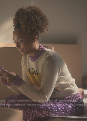 Kiela's white Casablanca print sweater on Grown-ish