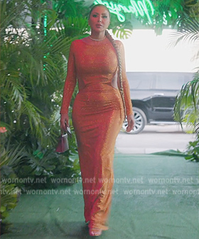 Larsa's orange metallic cutout dress on The Real Housewives of Miami